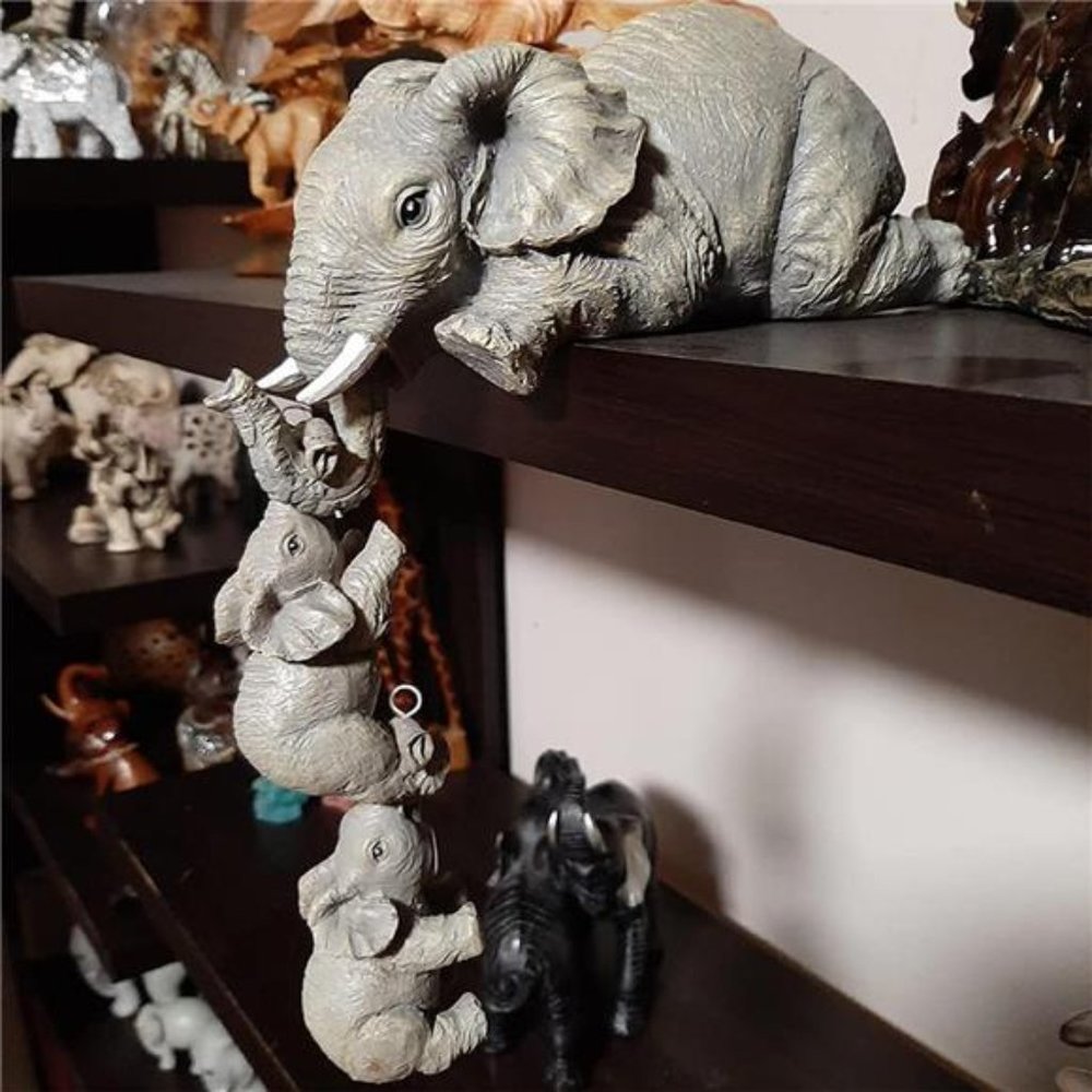 3 Pcs/Set Elephant Shelf Sitter, Elephant Mother Hanging Two Babies Statue - Picture 2 of 4